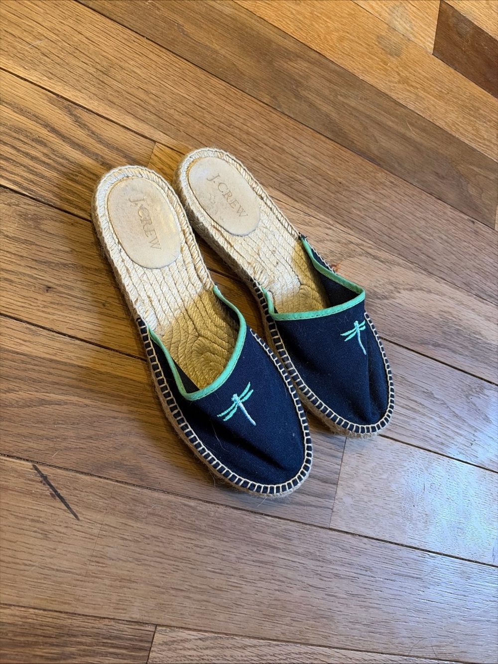 J. Crew Black Canvas Espadrille Mules with Green Trim & Dragonfly Embroidery